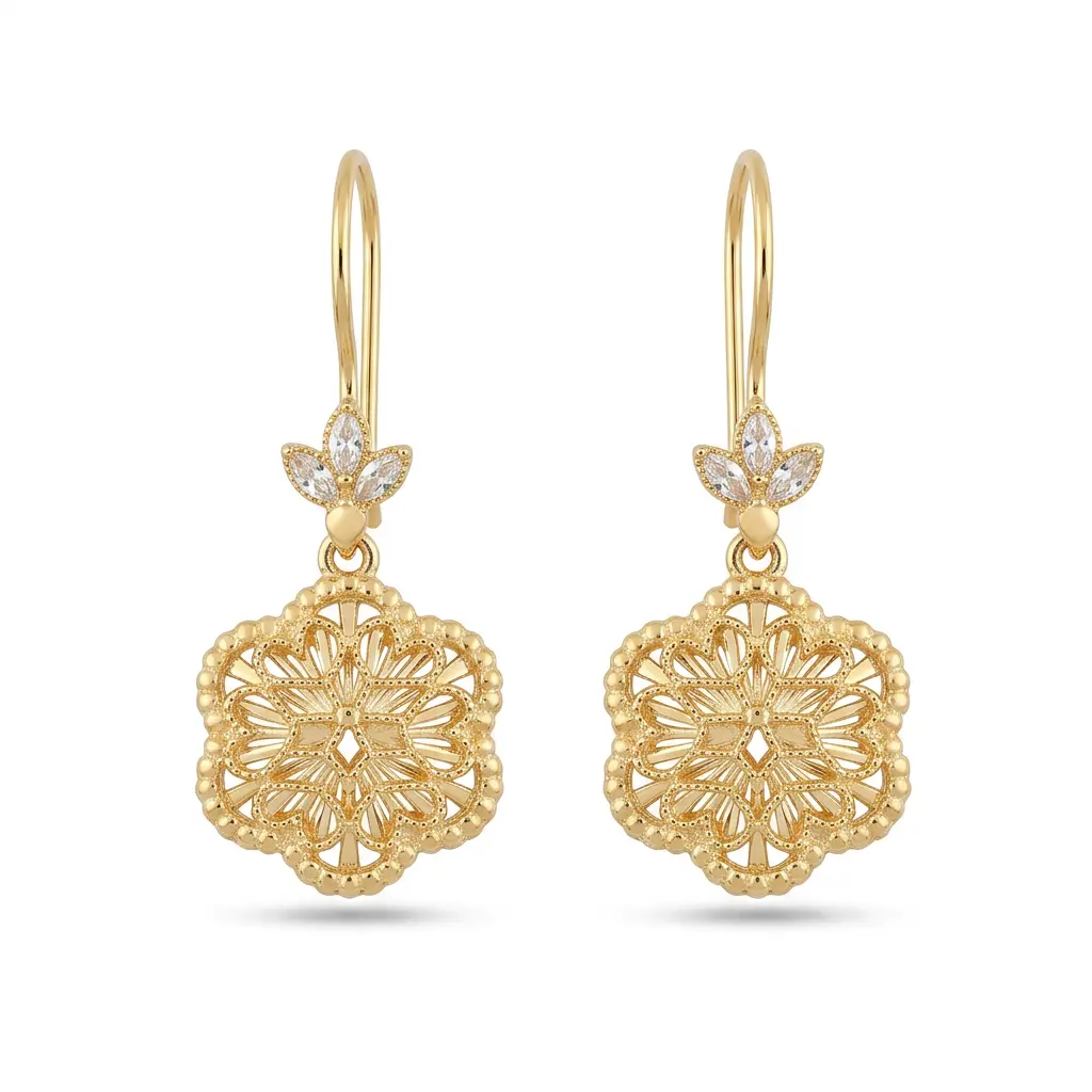14 Ayar Altın Otantik Gül Motif Sallantılı Küpe KP13203